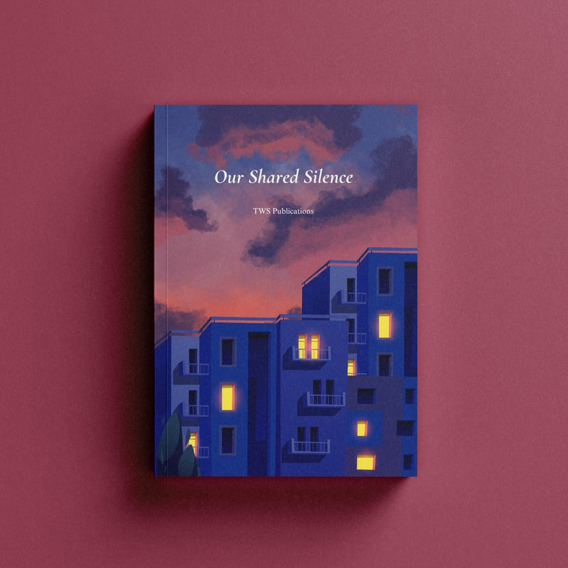 Book cover titled 'Our Shared Silence' with a blue building illustration on a pink background