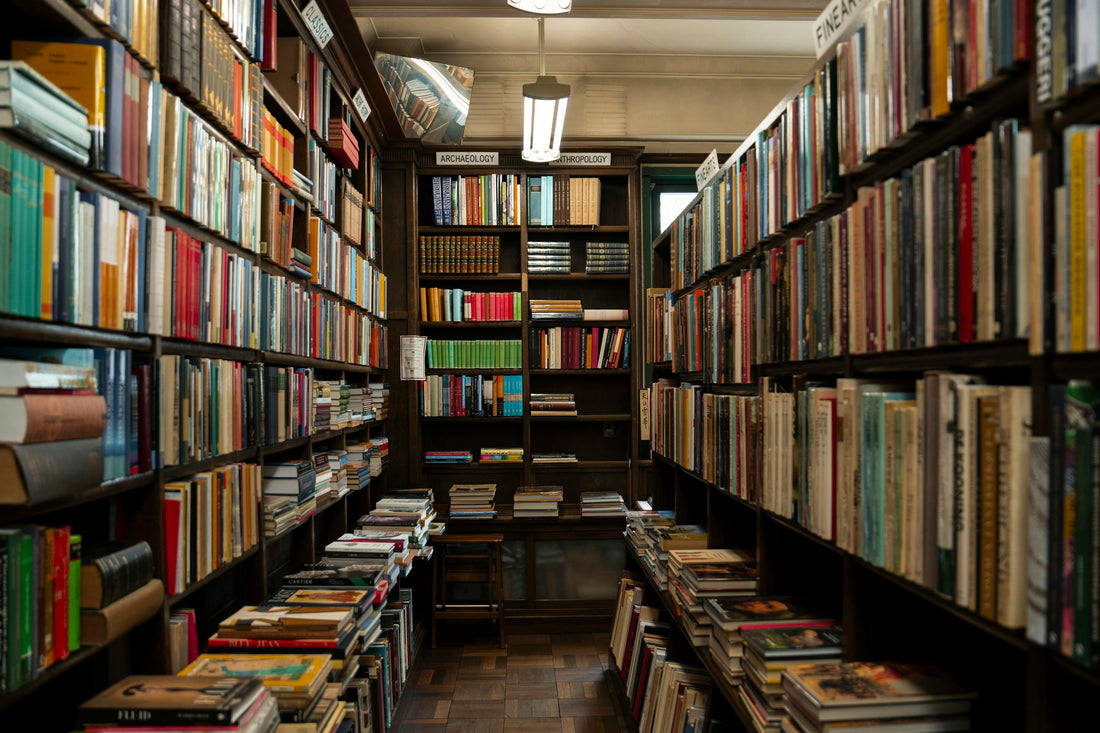 Rows of books filling floor to ceiling shelves in a bookshop, the retail end of every publishing house business model