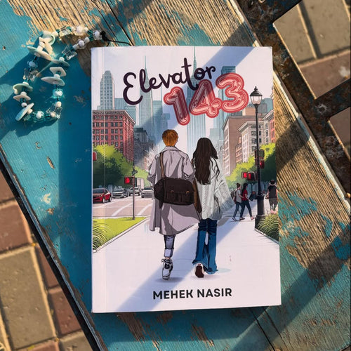 Book titled 'Elevator 143' by Mehek Nasir on a textured surface with a cityscape illustration.