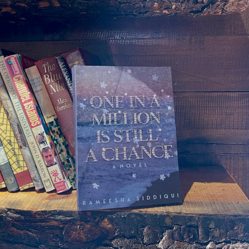 Book titled 'One in a Million is Still a Chance' by Rameesha Siddiqui on a wooden shelf with other books.