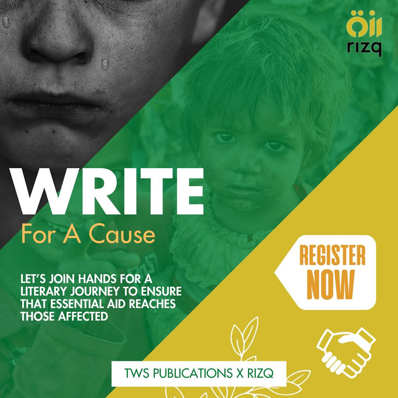 Promotional poster for 'Write For A Cause' initiative with a child and person's face, featuring Rizq logo.