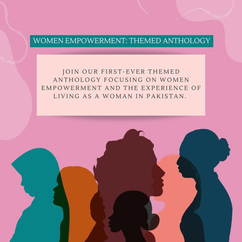 Promotional graphic for a women empowerment themed anthology with silhouettes of women on a pink background.